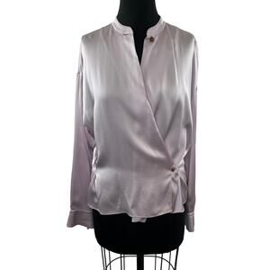 VINCE Satin Wrap Blouse Top Pink Mandarin Collar Long Sleeve Button Cuffs Size ?